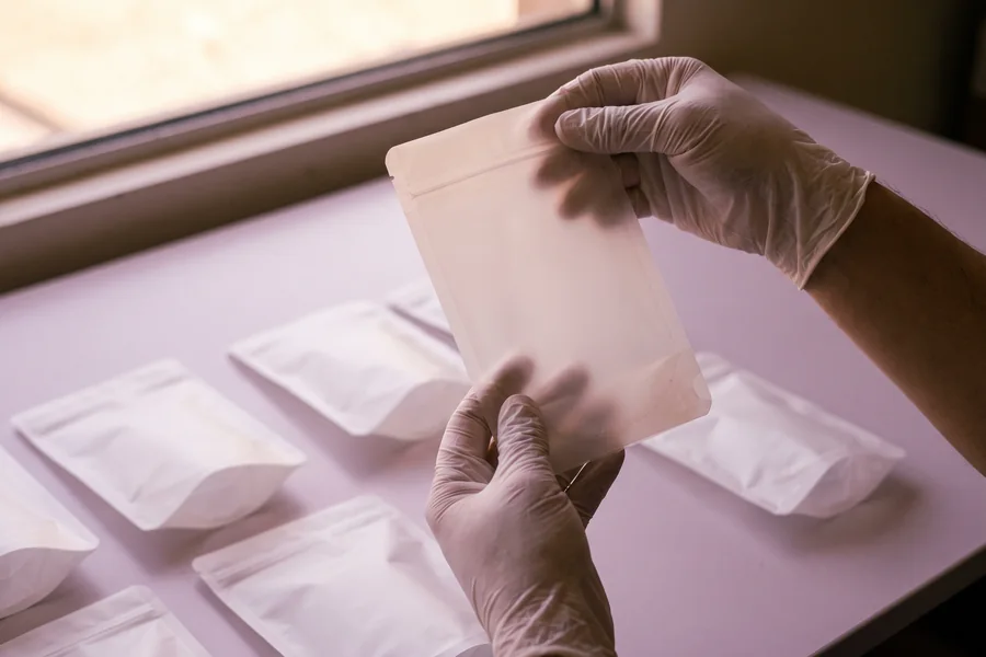 Gloved hands inspecting snack packaging pouches on an inspection table