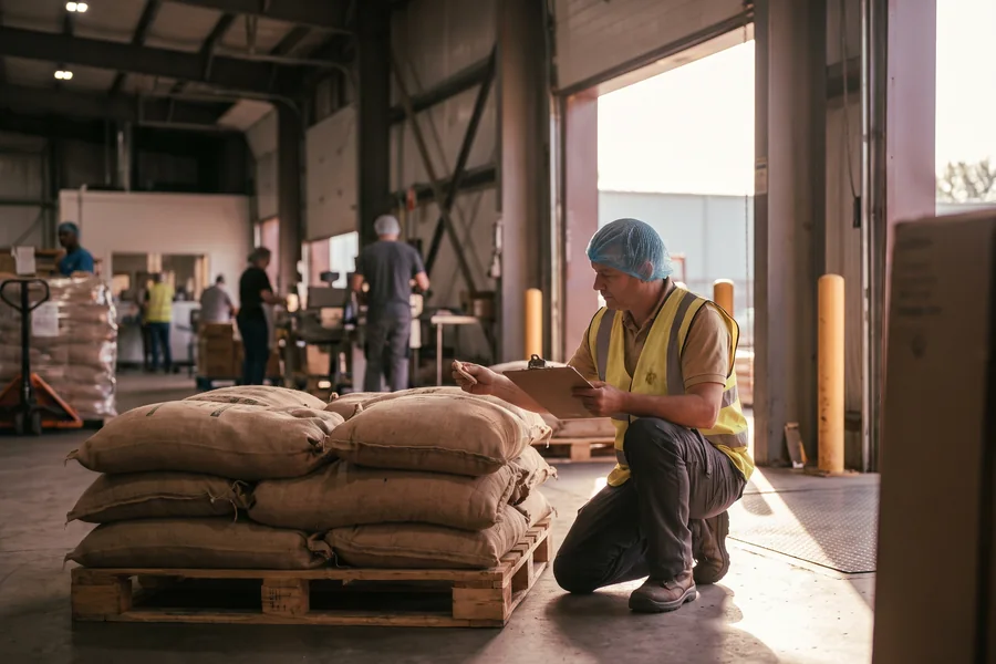 Inspector checking incoming ingredient pallets at a receiving dock
